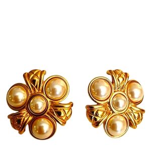 Vintage Stamped Monet Pearl Cluster Gold-Tone Post Statement Button Earrings
